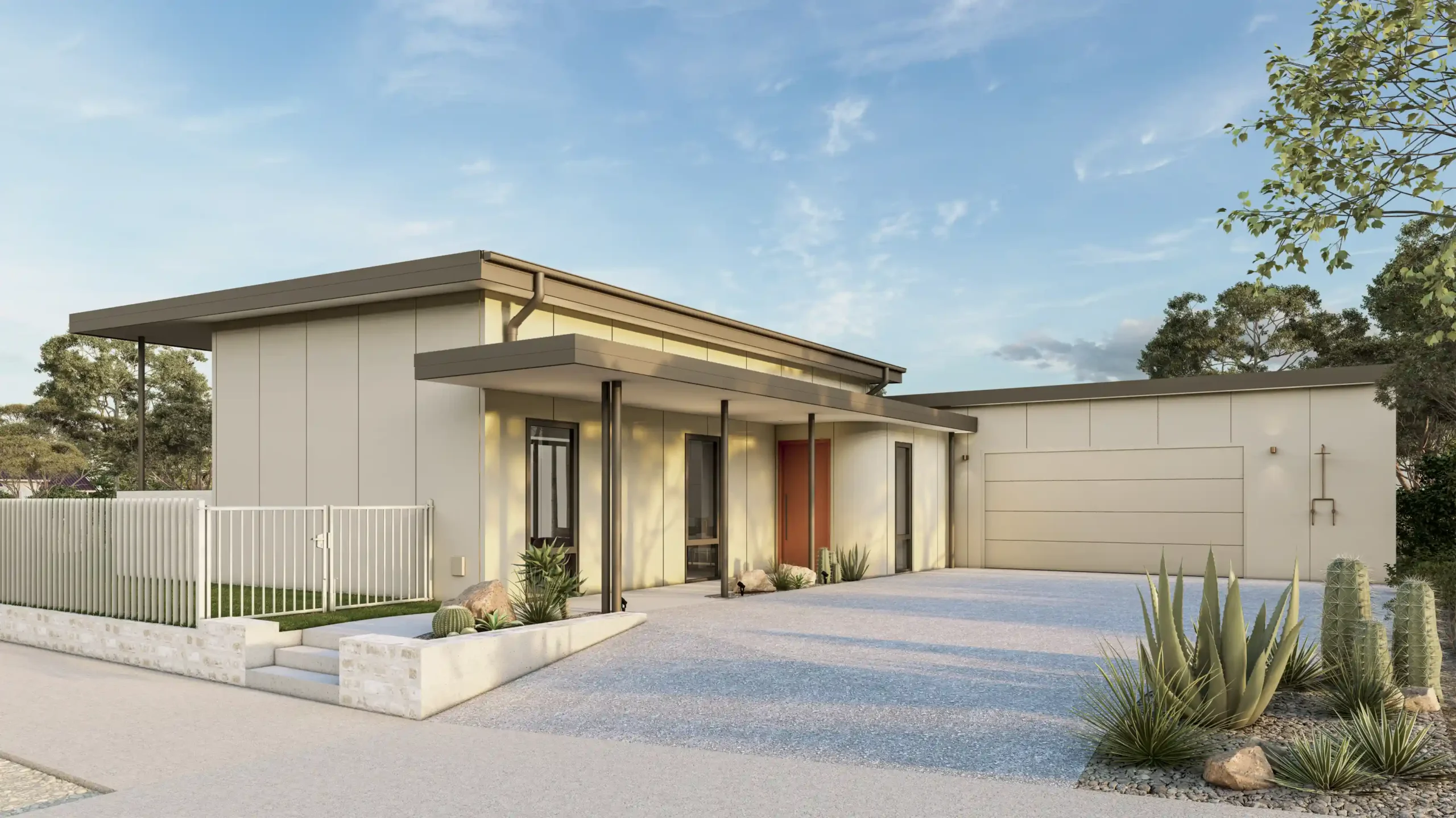 Coconut Club 02 Street elevation of Project Harwood showing flat roof entry canopy, warm timber front door, and gravel driveway with desert landscaping in Dunsborough WA